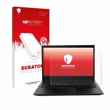 Parte frontale di una confezione del prodotto con il logo del marchio upscreen. Accanto è raffigurato il dispositivo Lenovo Th