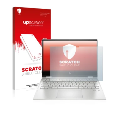 Parte frontale di una confezione del prodotto con il logo del marchio upscreen. Accanto è raffigurato il dispositivo HP Pavili