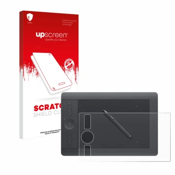 Parte frontale di una confezione del prodotto con il logo del marchio upscreen. Accanto è raffigurato il dispositivo Wacom Int