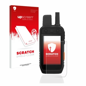 Parte frontale di una confezione del prodotto con il logo del marchio upscreen. Accanto è raffigurato il dispositivo Garmin Al