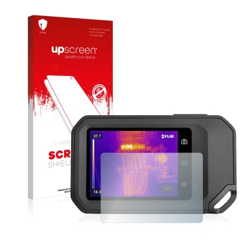 Parte frontale di una confezione del prodotto con il logo del marchio upscreen. Accanto è raffigurato il dispositivo Flir C5 c