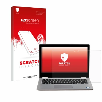 Parte frontale di una confezione del prodotto con il logo del marchio upscreen. Accanto è raffigurato il dispositivo Dell Lati