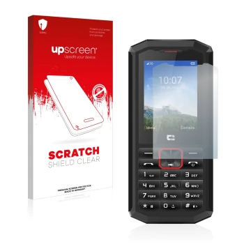 Parte frontale di una confezione del prodotto con il logo del marchio upscreen. Accanto è raffigurato il dispositivo Crosscall