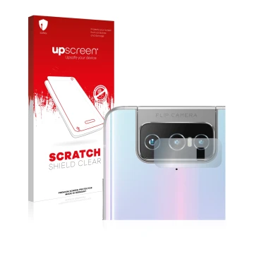 Parte frontale di una confezione del prodotto con il logo del marchio upscreen. Accanto è raffigurato il dispositivo ASUS Zenf