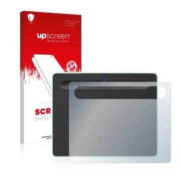 Parte frontale di una confezione del prodotto con il logo del marchio upscreen. Accanto è raffigurato il dispositivo Wacom Int