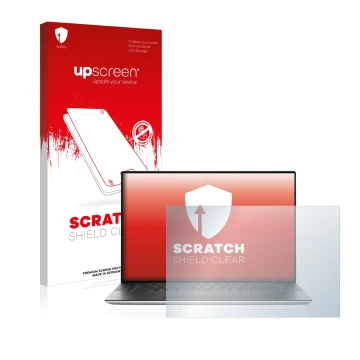 Parte frontale di una confezione del prodotto con il logo del marchio upscreen. Accanto è raffigurato il dispositivo Dell XPS 