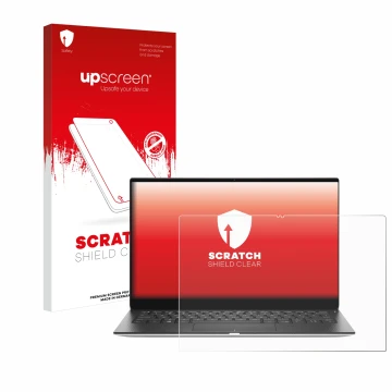 Parte frontale di una confezione del prodotto con il logo del marchio upscreen. Accanto è raffigurato il dispositivo Dell XPS 