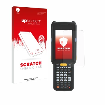 Parte frontale di una confezione del prodotto con il logo del marchio upscreen. Accanto è raffigurato il dispositivo Zebra MC3