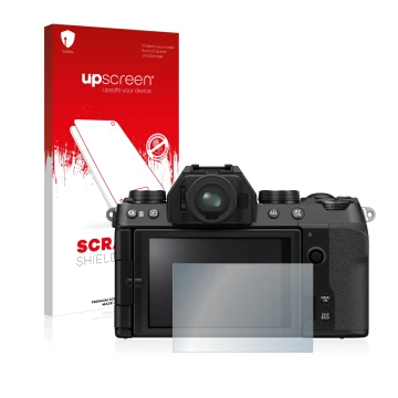 Parte frontale di una confezione del prodotto con il logo del marchio upscreen. Accanto è raffigurato il dispositivo Fujifilm 