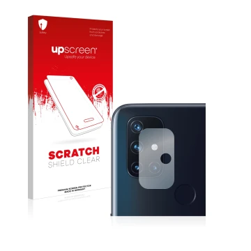 Parte frontale di una confezione del prodotto con il logo del marchio upscreen. Accanto è raffigurato il dispositivo OnePlus N