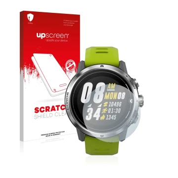 Parte frontale di una confezione del prodotto con il logo del marchio upscreen. Accanto è raffigurato il dispositivo Coros Ape