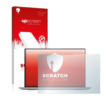 Parte frontale di una confezione del prodotto con il logo del marchio upscreen. Accanto è raffigurato il dispositivo Dell XPS 