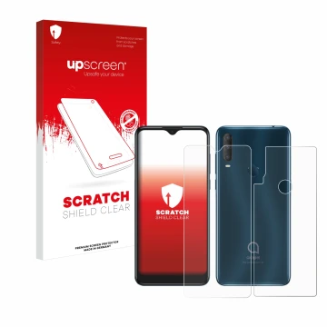 Parte frontale di una confezione del prodotto con il logo del marchio upscreen. Accanto è raffigurato il dispositivo Alcatel 1