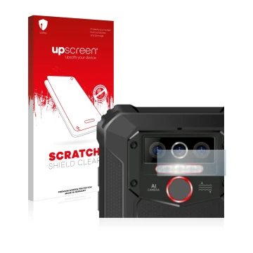 Parte frontale di una confezione del prodotto con il logo del marchio upscreen. Accanto è raffigurato il dispositivo Oukitel W