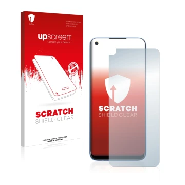 Parte frontale di una confezione del prodotto con il logo del marchio upscreen. Accanto è raffigurato il dispositivo realme 7 