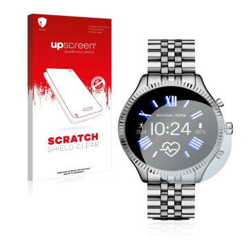 Parte frontale di una confezione del prodotto con il logo del marchio upscreen. Accanto è raffigurato il dispositivo Michael K