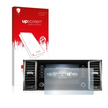 Parte frontale di una confezione del prodotto con il logo del marchio upscreen. Accanto è raffigurato il dispositivo Skoda Col