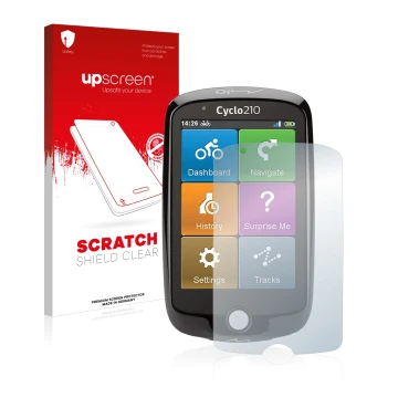 Parte frontale di una confezione del prodotto con il logo del marchio upscreen. Accanto è raffigurato il dispositivo Mio Cyclo