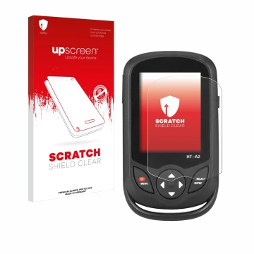 Parte frontale di una confezione del prodotto con il logo del marchio upscreen. Accanto è raffigurato il dispositivo Hti HT A2