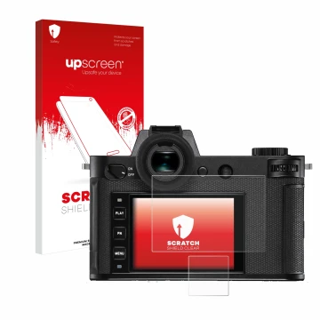 Parte frontale di una confezione del prodotto con il logo del marchio upscreen. Accanto è raffigurato il dispositivo Leica SL2