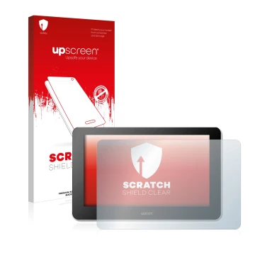 Parte frontale di una confezione del prodotto con il logo del marchio upscreen. Accanto è raffigurato il dispositivo Wacom One