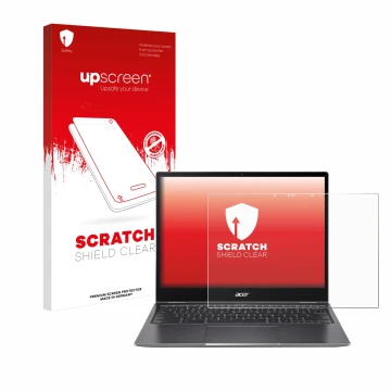 Parte frontale di una confezione del prodotto con il logo del marchio upscreen. Accanto è raffigurato il dispositivo Acer Chro