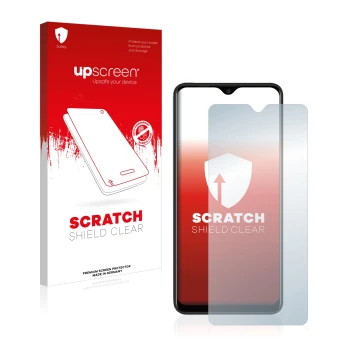 Parte frontale di una confezione del prodotto con il logo del marchio upscreen. Accanto è raffigurato il dispositivo Blackview