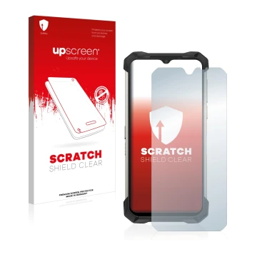 Parte frontale di una confezione del prodotto con il logo del marchio upscreen. Accanto è raffigurato il dispositivo Doogee S8
