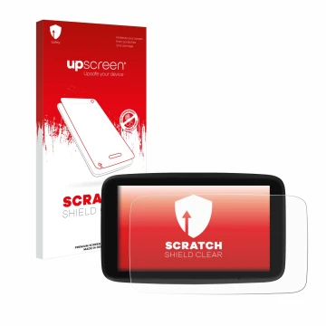 Parte frontale di una confezione del prodotto con il logo del marchio upscreen. Accanto è raffigurato il dispositivo TomTom GO