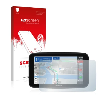 Parte frontale di una confezione del prodotto con il logo del marchio upscreen. Accanto è raffigurato il dispositivo TomTom GO