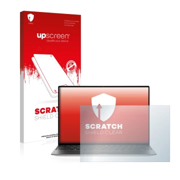 Parte frontale di una confezione del prodotto con il logo del marchio upscreen. Accanto è raffigurato il dispositivo Dell XPS 