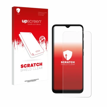 Parte frontale di una confezione del prodotto con il logo del marchio upscreen. Accanto è raffigurato il dispositivo Motorola 