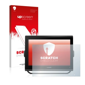 Parte frontale di una confezione del prodotto con il logo del marchio upscreen. Accanto è raffigurato il dispositivo Garmin GP