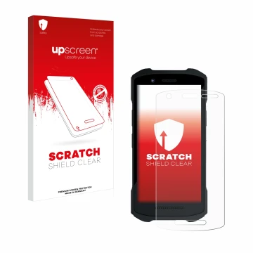 Parte frontale di una confezione del prodotto con il logo del marchio upscreen. Accanto è raffigurato il dispositivo Zebra TC2