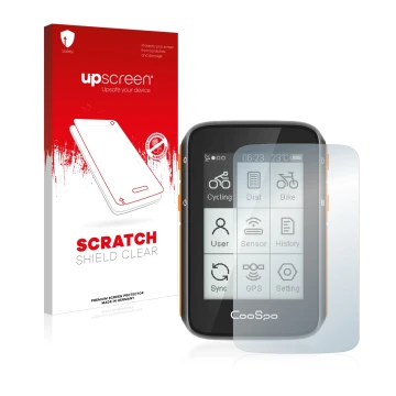 Parte frontale di una confezione del prodotto con il logo del marchio upscreen. Accanto è raffigurato il dispositivo CooSpo BC