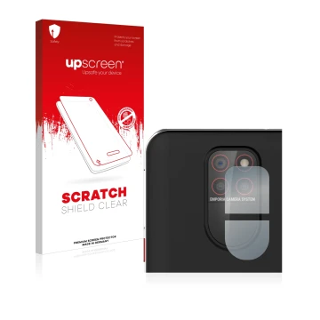 Parte frontale di una confezione del prodotto con il logo del marchio upscreen. Accanto è raffigurato il dispositivo Emporia S