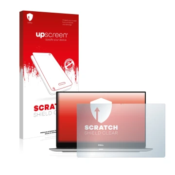 Parte frontale di una confezione del prodotto con il logo del marchio upscreen. Accanto è raffigurato il dispositivo Dell XPS 