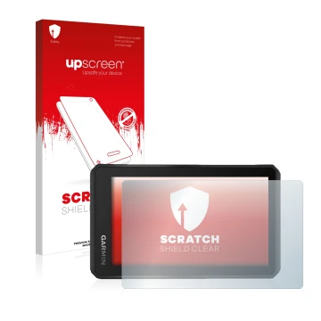 Parte frontale di una confezione del prodotto con il logo del marchio upscreen. Accanto è raffigurato il dispositivo Garmin Tr