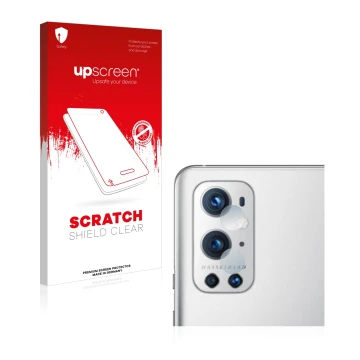 Parte frontale di una confezione del prodotto con il logo del marchio upscreen. Accanto è raffigurato il dispositivo OnePlus 9