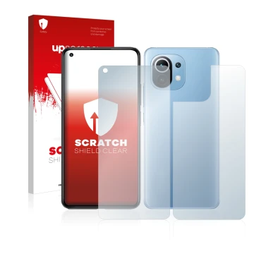Parte frontale di una confezione del prodotto con il logo del marchio upscreen. Accanto è raffigurato il dispositivo Xiaomi Mi