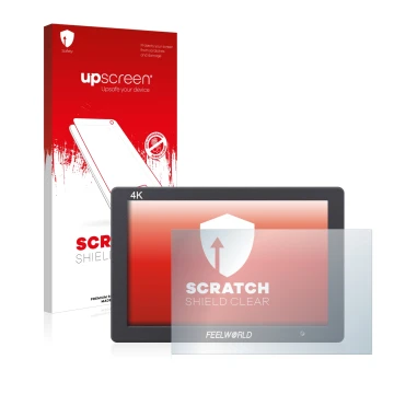 Parte frontale di una confezione del prodotto con il logo del marchio upscreen. Accanto è raffigurato il dispositivo Feelworld