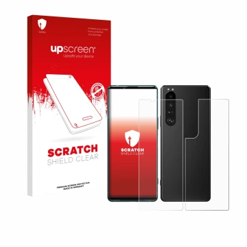 Parte frontale di una confezione del prodotto con il logo del marchio upscreen. Accanto è raffigurato il dispositivo Sony Xper