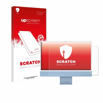 Parte frontale di una confezione del prodotto con il logo del marchio upscreen. Accanto è raffigurato il dispositivo Apple iMa