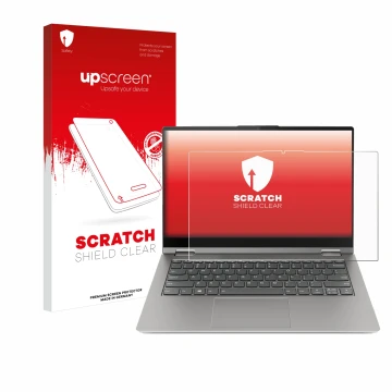 Parte frontale di una confezione del prodotto con il logo del marchio upscreen. Accanto è raffigurato il dispositivo Lenovo Th