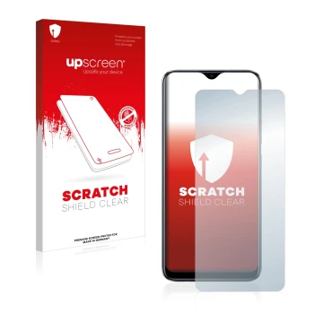 Parte frontale di una confezione del prodotto con il logo del marchio upscreen. Accanto è raffigurato il dispositivo realme C1
