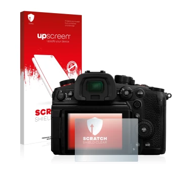 Parte frontale di una confezione del prodotto con il logo del marchio upscreen. Accanto è raffigurato il dispositivo Panasonic