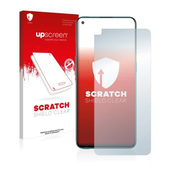 Parte frontale di una confezione del prodotto con il logo del marchio upscreen. Accanto è raffigurato il dispositivo OnePlus N