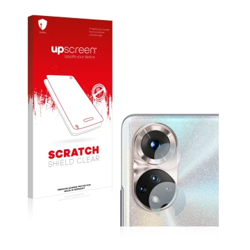 Parte frontale di una confezione del prodotto con il logo del marchio upscreen. Accanto è raffigurato il dispositivo Honor 50 