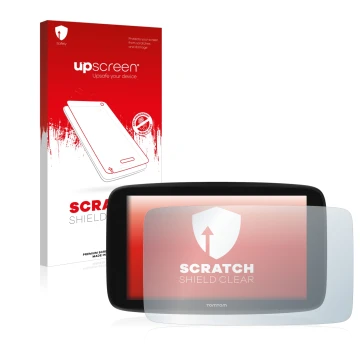 Parte frontale di una confezione del prodotto con il logo del marchio upscreen. Accanto è raffigurato il dispositivo TomTom Go
