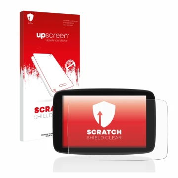 Parte frontale di una confezione del prodotto con il logo del marchio upscreen. Accanto è raffigurato il dispositivo TomTom Go